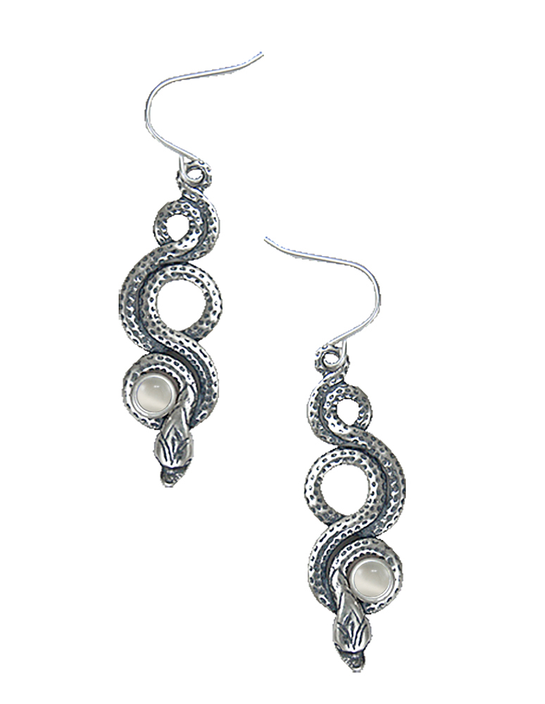 Sterling Silver Snake Drop Dangle Earrings With White Moonstone